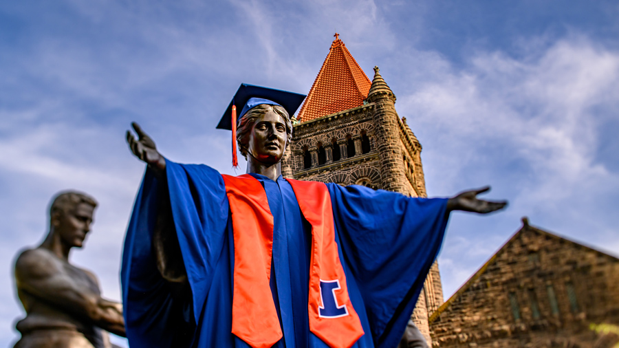 Alma Mater statue at Illinois wearing graduation gown, Photo by Fred Zwicky