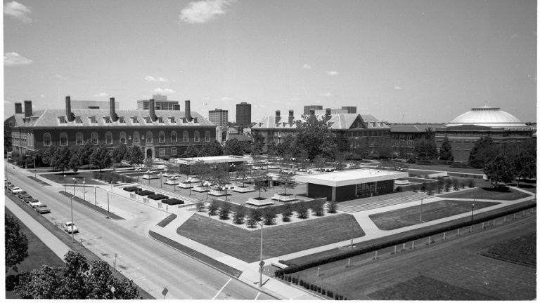 1970s-era aerial view of the (famously underground) Undergraduate Library in black and white