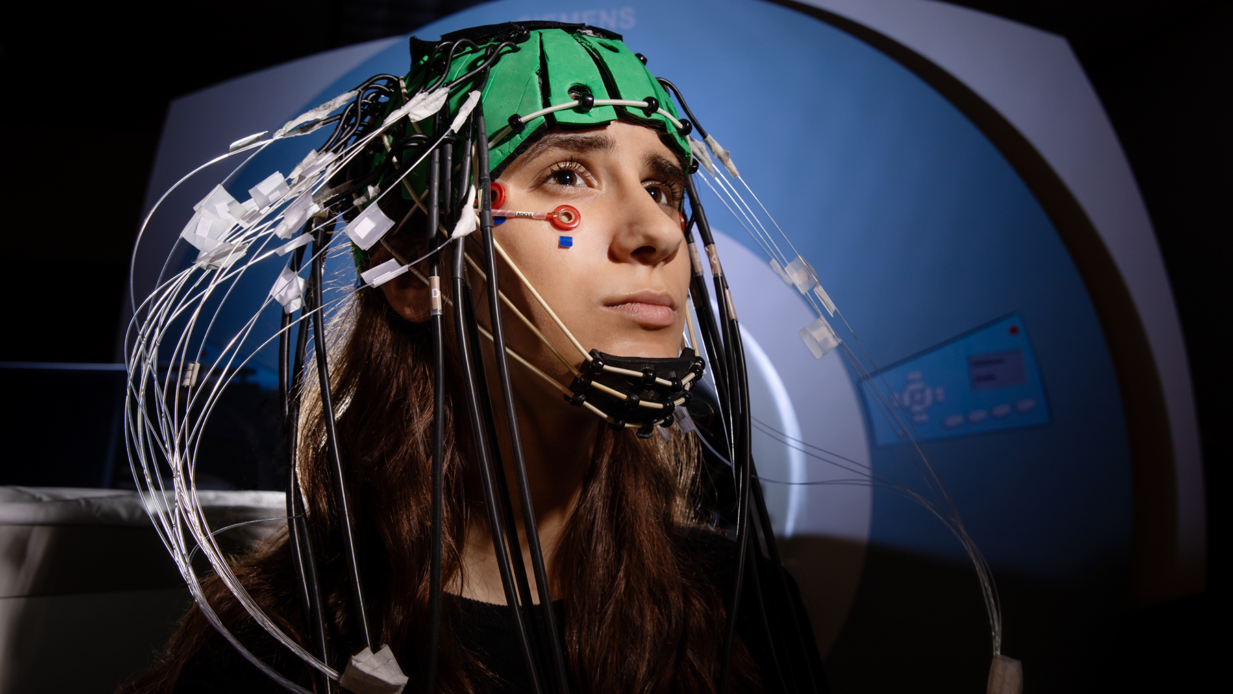The MRI-compatible imaging cap incorporates both EEG electrodes and EROS sensors. (Courtesy: L Brian Stauffer)