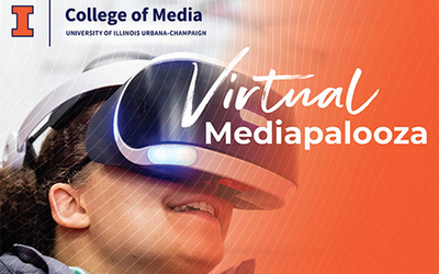 graphic advertising Mediapalooza with image with student looking through virtual reality headset