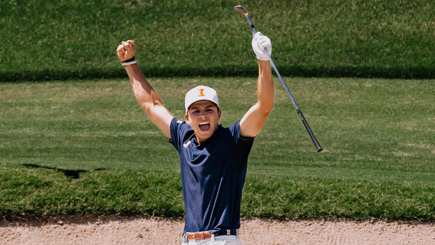 Illini golfer Jackson Buchanan celebrates a good shot out of a sand trap