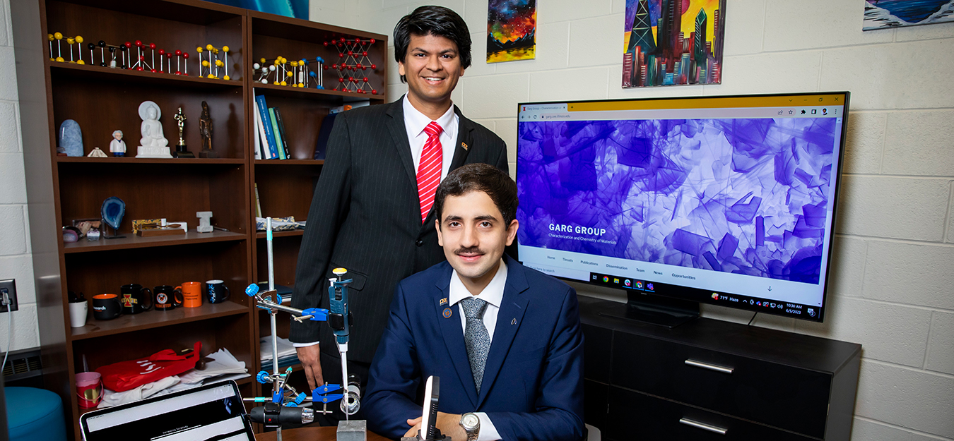Professor Nishant Garg, standing, and graduate student Hossein Kabir used computer vision to develop a fast and convenient method for testing cement durability that can be used in the field or laboratory.  Photo by Michelle Hassel