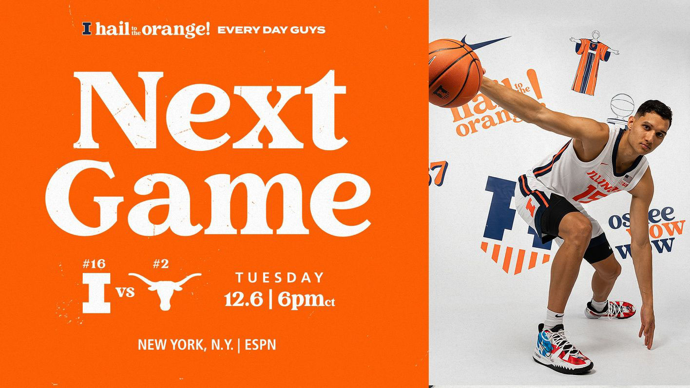 sophomore guard RJ Melendez featured in graphic promoting the Illinois-Texas men's basketball game on Dec. 6, 2022