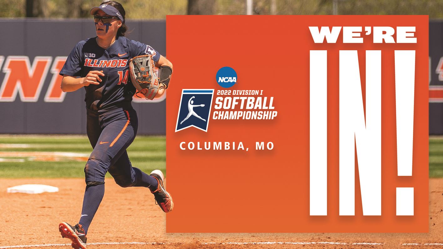 Illini Softball player Kelly Ryono runs off the field after a victory. Image set in graphic with NCAA Softball tournament logo and the words, We're In!