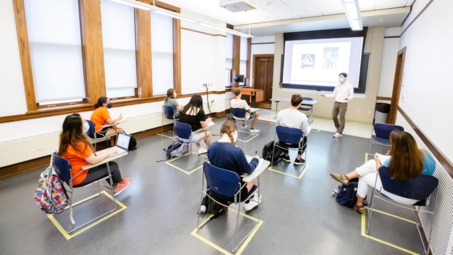 students sit in 'socially distanced' seats during a class at U of I. Photo by Brian Stauffer