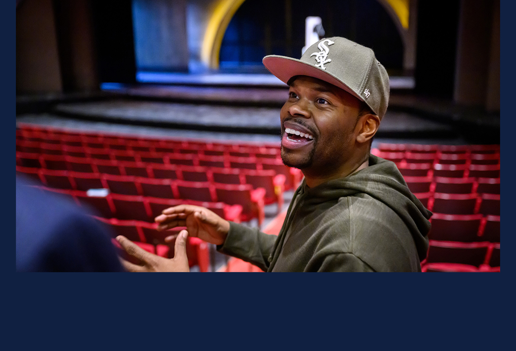 Tyrone Phillips works with the cast and crew as they rehearse prior to opening night at Krannert Center for the Performing Arts.  Photo by Fred Zwicky