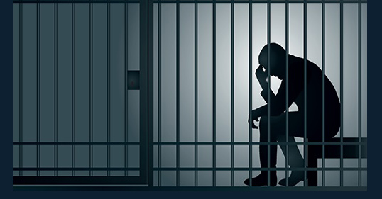 stock illustration of man sitting behind bars