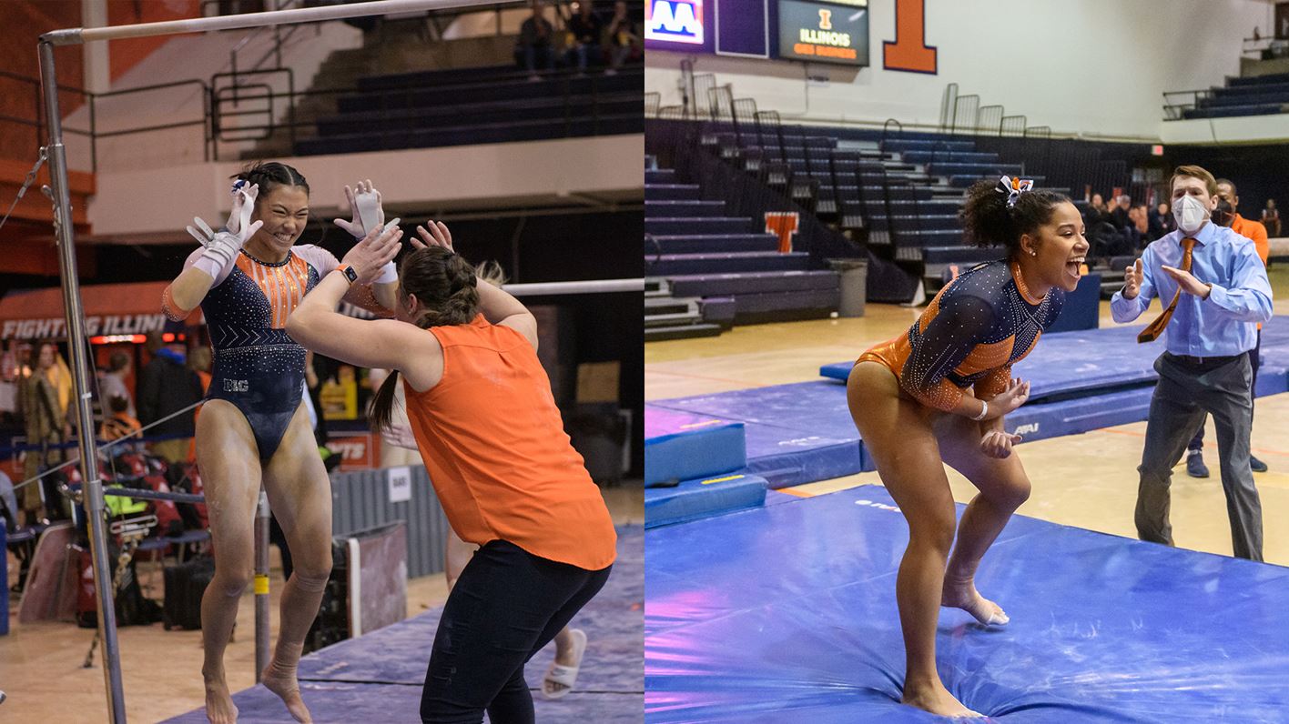 Illinois juniors Mia Takekawa and Mia Townes, in separate images, react after their routines