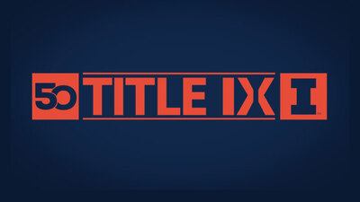 Illini Athletics' Title IX logo - title ix written in orange on blue background