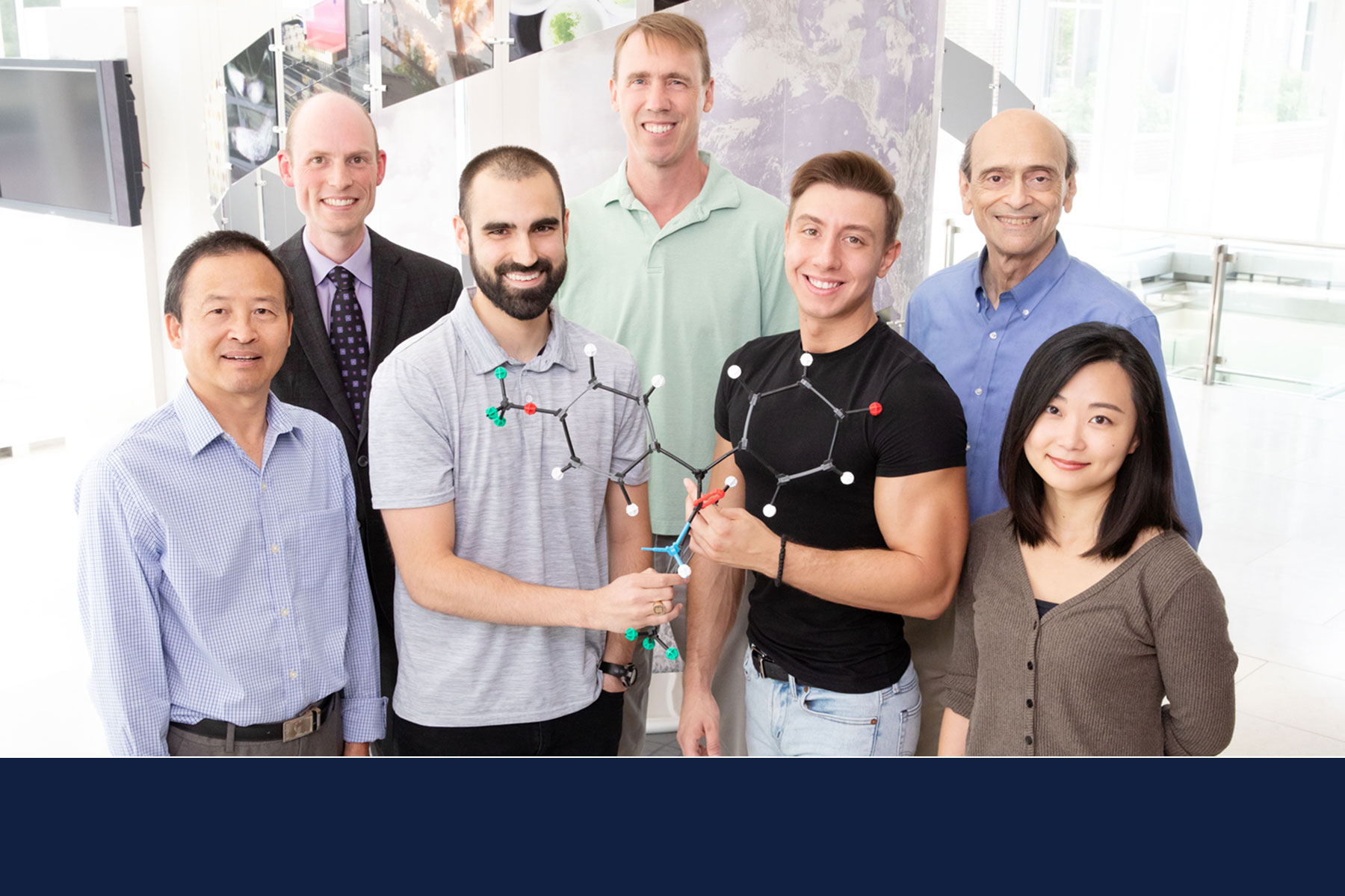 Illinois researchers on the study include, from front left, research scientist Chengjian Mao and graduate students Matthew Boudreau, Darjan Duraki and Ji Eun Kim. In the back row, from left, are molecular and integrative physiology professor Erik Nelson, chemistry professor Paul Hergenrother and biochemistry professor David Shapiro.No photo credit provided.