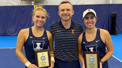 Kate Duong and Megan Heuser pose with Tennis Head Coach Evan Clark