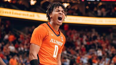 Illini guard Terrance Shannon Jr. close-up as he screams in celebration during a game