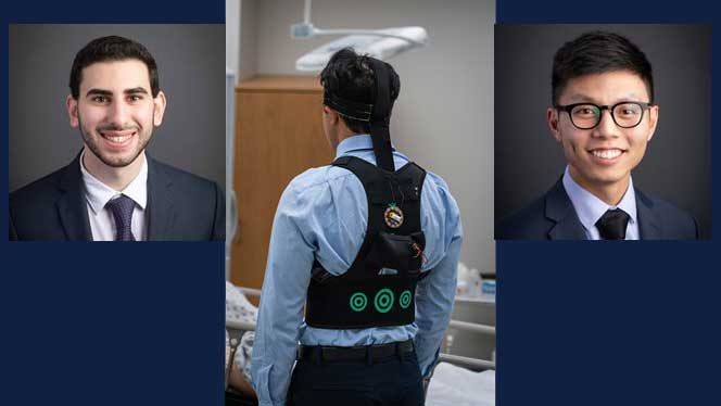images of Carle Illinois physician-innovator students Bara Saadah and Caywin Zhuang flank an image of their surgeon's vest