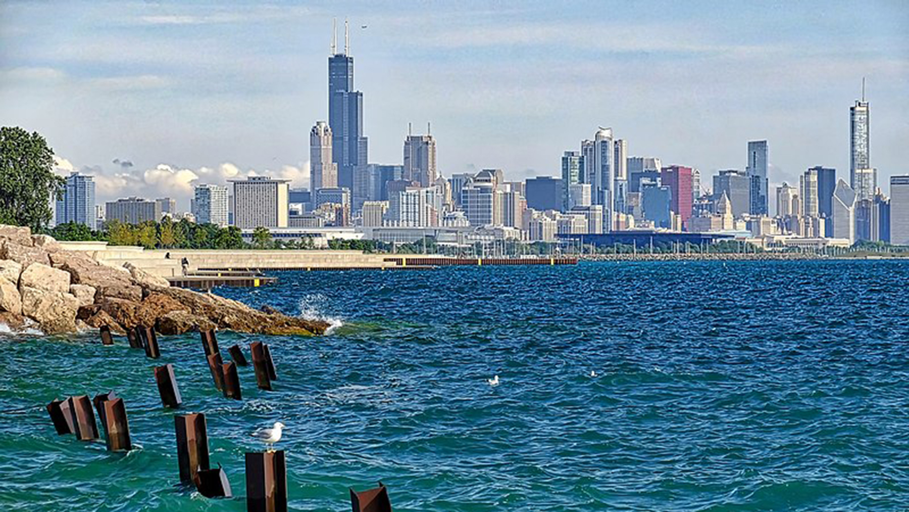 Lake Michigan shoreline against the Chicago cityscape. Photo by Brian Kay