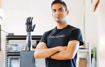 Aadeel Akhtar and the 'bionic hand' produced by his company, Psyonic. Photo credit SKOT WIEDMANN