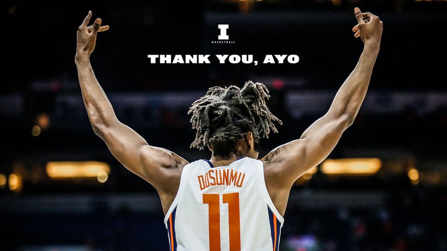 View from behind Ayo Dosunmu as he raises his arms in celebration. Text says, 'Thank you, Ayo'