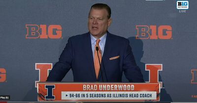 Brad Underwood at the podium at the Big Ten Conference media day on October 11, 2022