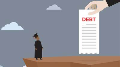 graphic art shows giant hand giving document reading 'debt' to person in cap and gown