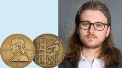 side-by-side images of Pulitzer medal and alumnus Eli Murray. Composite image by Holly Rushakoff