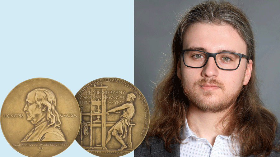 side-by-side images of Pulitzer medal and alumnus Eli Murray. Composite image by Holly Rushakoff
