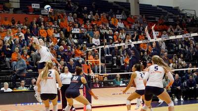 Outside hitter Raina Terry winds up for a kill in Wednesday's match against Penn State