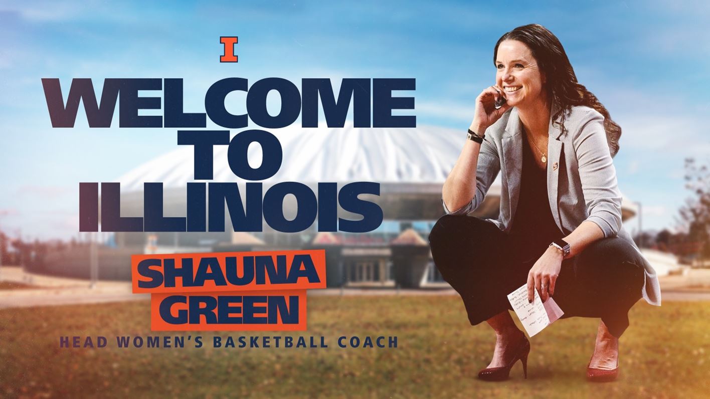 Image of Coach Shauna Green superimposed over a picture of the State Farm Center at Illinois