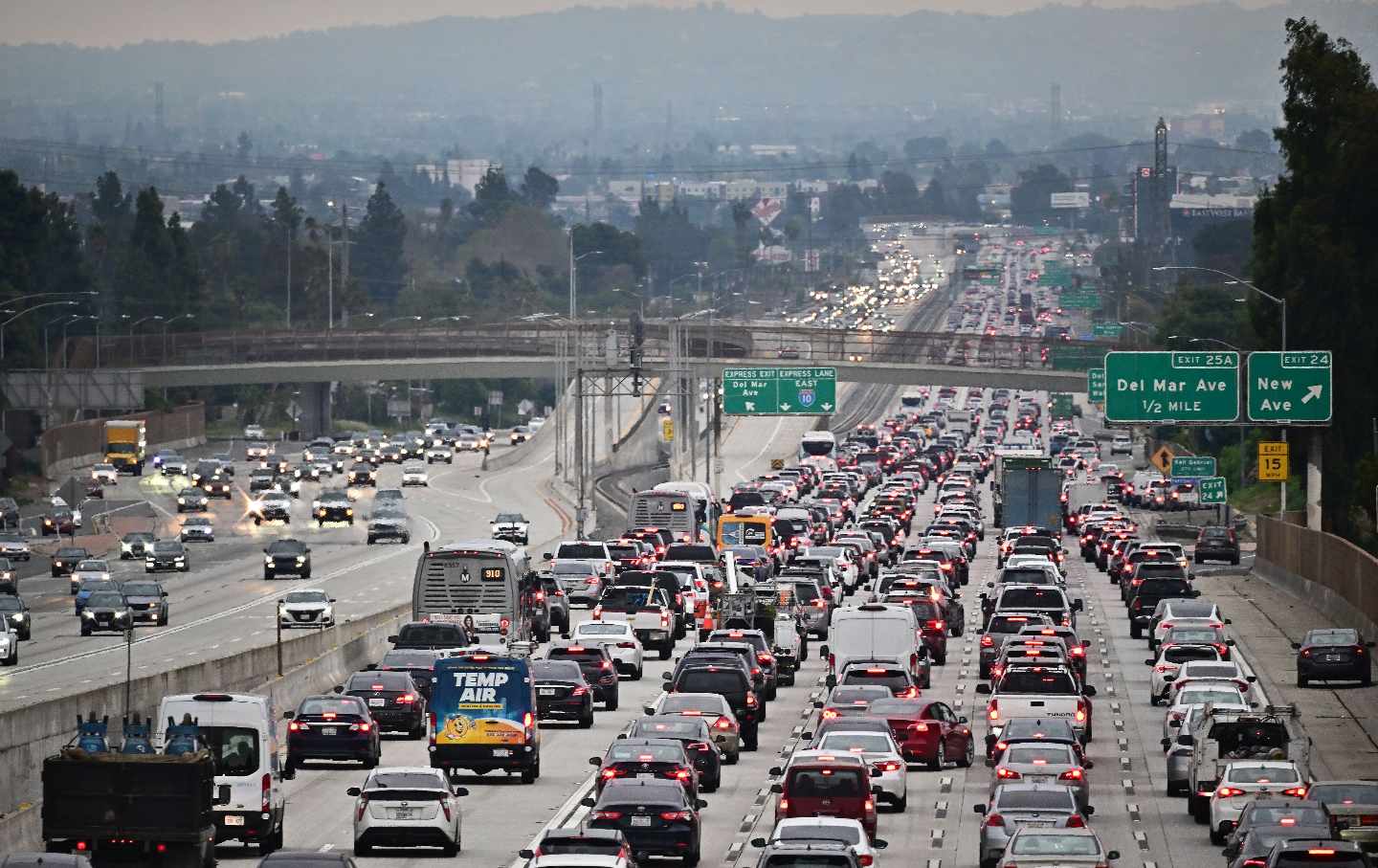 Traffic on a Los Angeles freeway - fourteen lanes wide - during the evening rush-hour commute on April 12, 2023.  (Frederic J. Brown / Getty