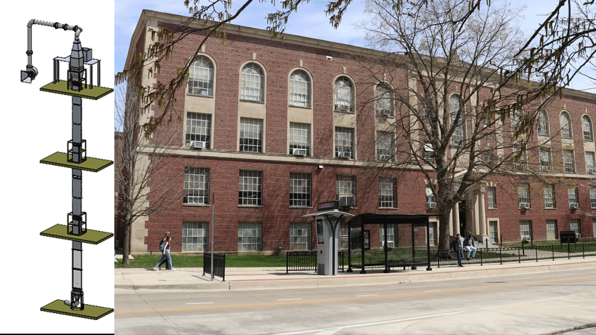 Graphic illustrates the size of the 50-foot-tall wind tunnel installed near the northwest corner of Talbot Laboratory.
