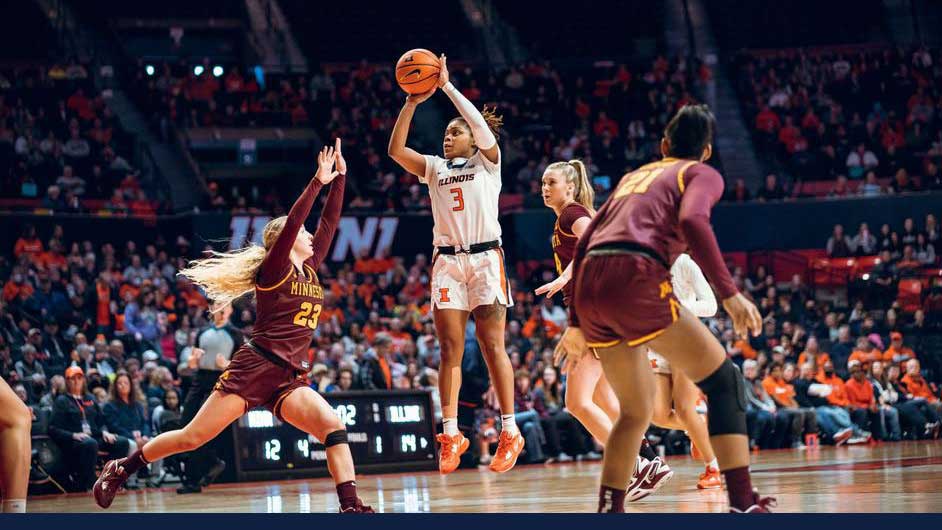 Illini guard Makira Cook shoots a jump shot over a Minnesota defender on Sunday, Feb. 5, 2023