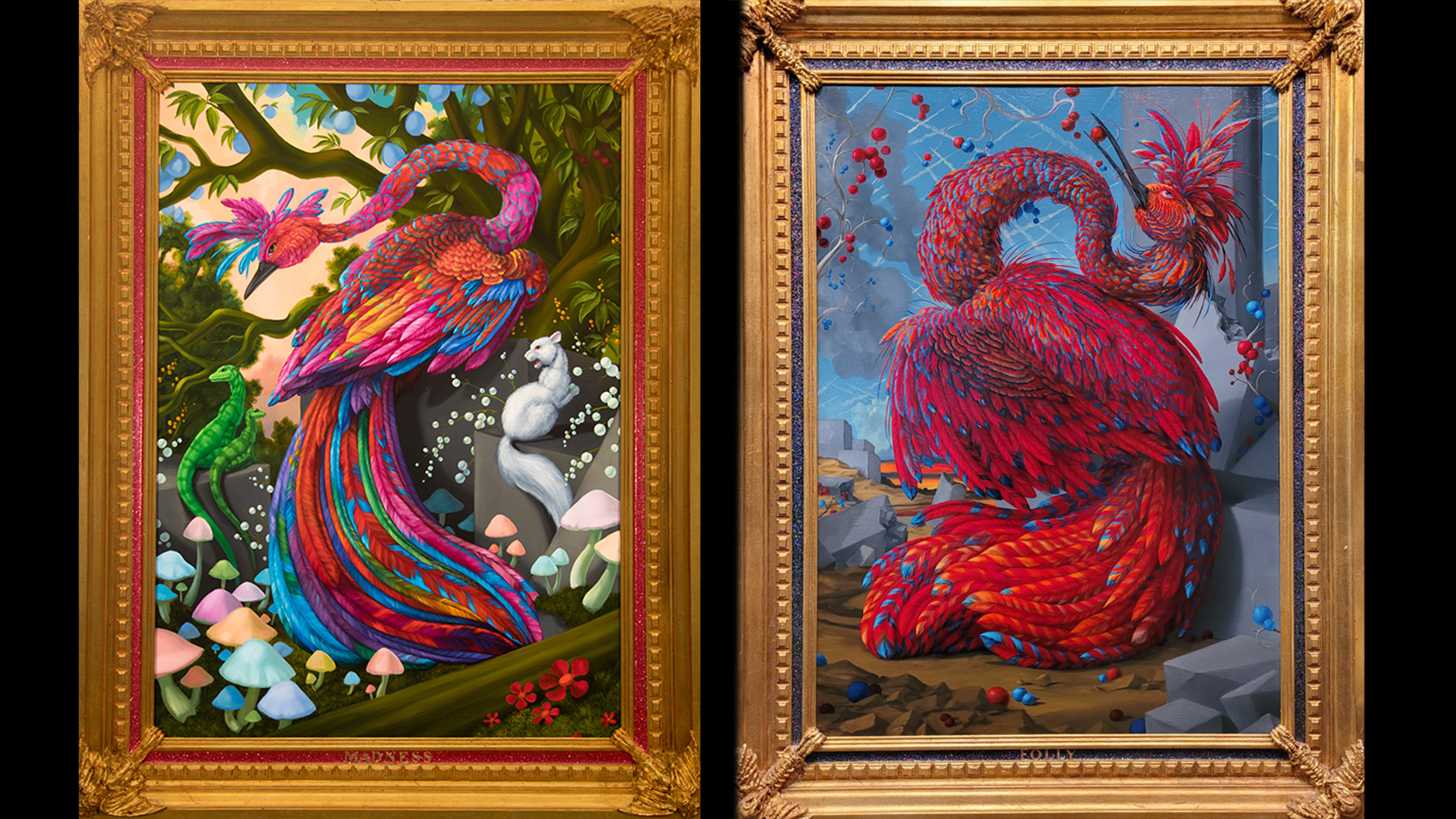 Diptych of “Allegory of Future Seasons (Madness)” and “Allegory of Future Seasons (Folly),” oil on linen canvas with artist-made frame, 43" x 33", 2022.