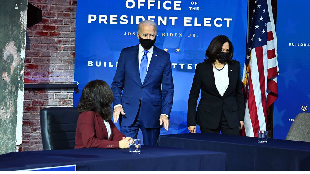 Biden and Vice President-Elect Kamala Harris appear jointly at an event. Chandan Khanna/AFP via Getty Images
