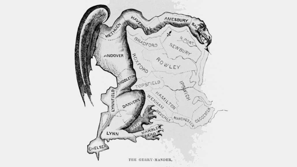 Massachusetts Governor Elbridge Gerry's 'salamander' district from the early 19th century. It was the original Gerry-mander. Credit: Bettmann/Getty Images