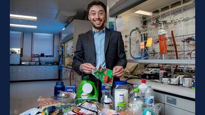 Professor Damien Guironnet and graduate students have demonstrated a promising new plastic recycling process. Photo by Heather Coit