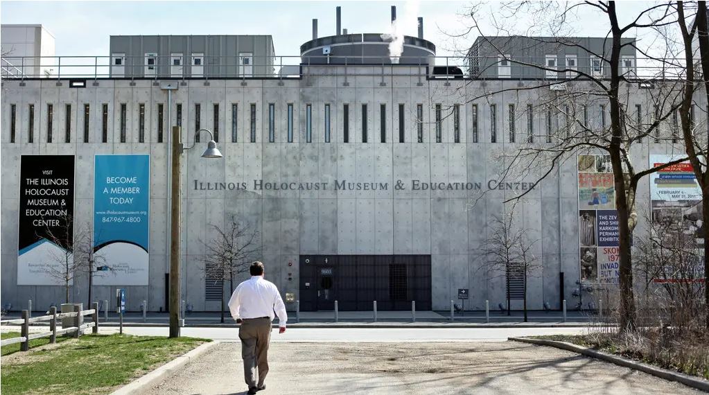 The exterior of the museum in Skokie recalls a concentration camp. Credit...Sally Ryan for The New York Times