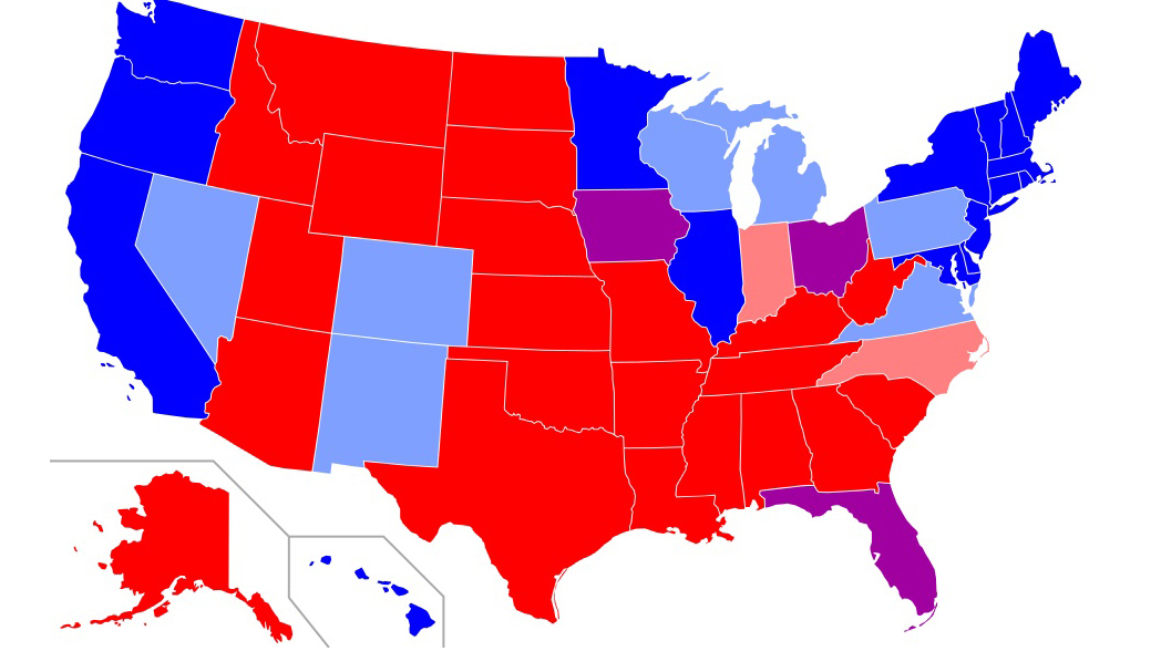 polling map showing projected red, blue states. graphic via Wiki Commons