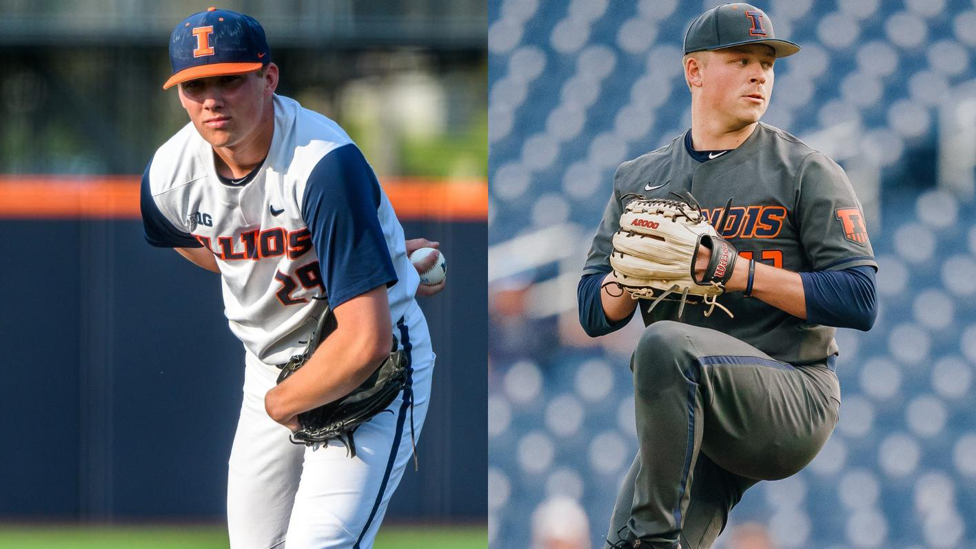 Illini baseball pitchers Jack Wenninger and Riley Gowens, each shown pitching for the Illini