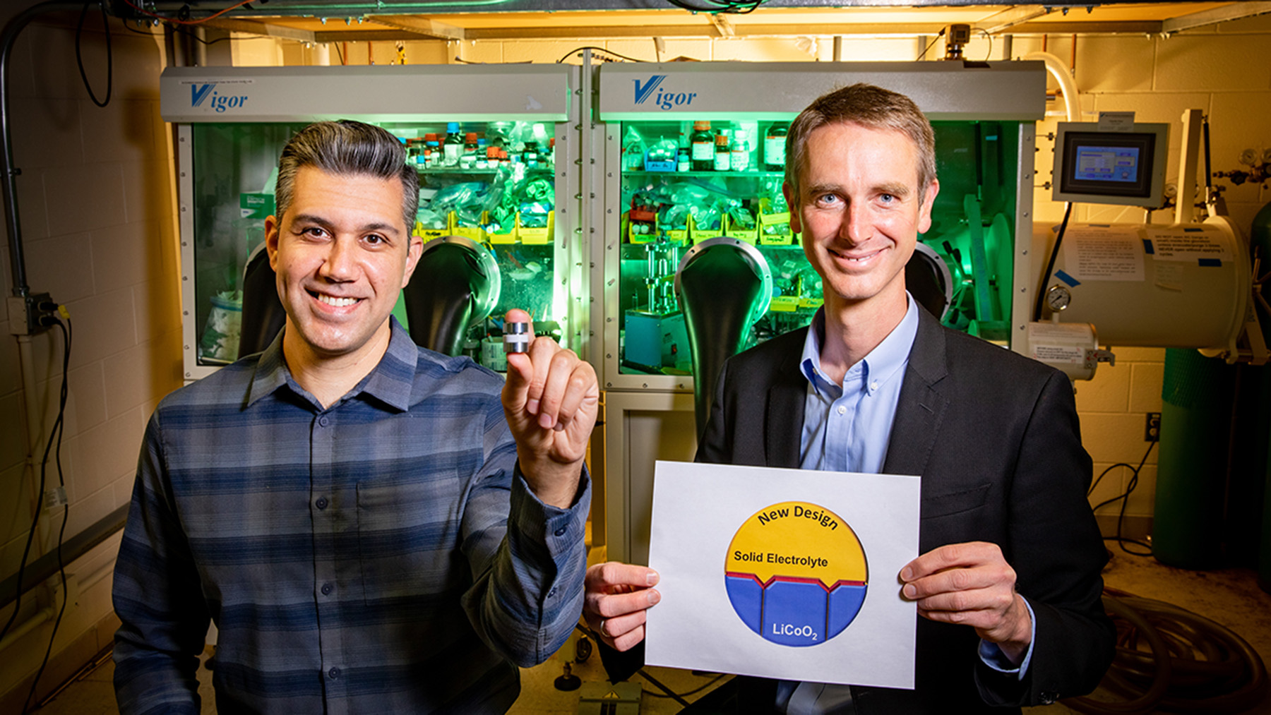 Materials science and engineering researchers Beniamin Zahiri, left, and Paul Braun led a team that developed new battery electrodes made of strategically arranged materials in an effort to drive better solid-state battery technologies. Photo by Fred Zwicky