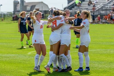 Illini Soccer players embrace during a match against Butler last year