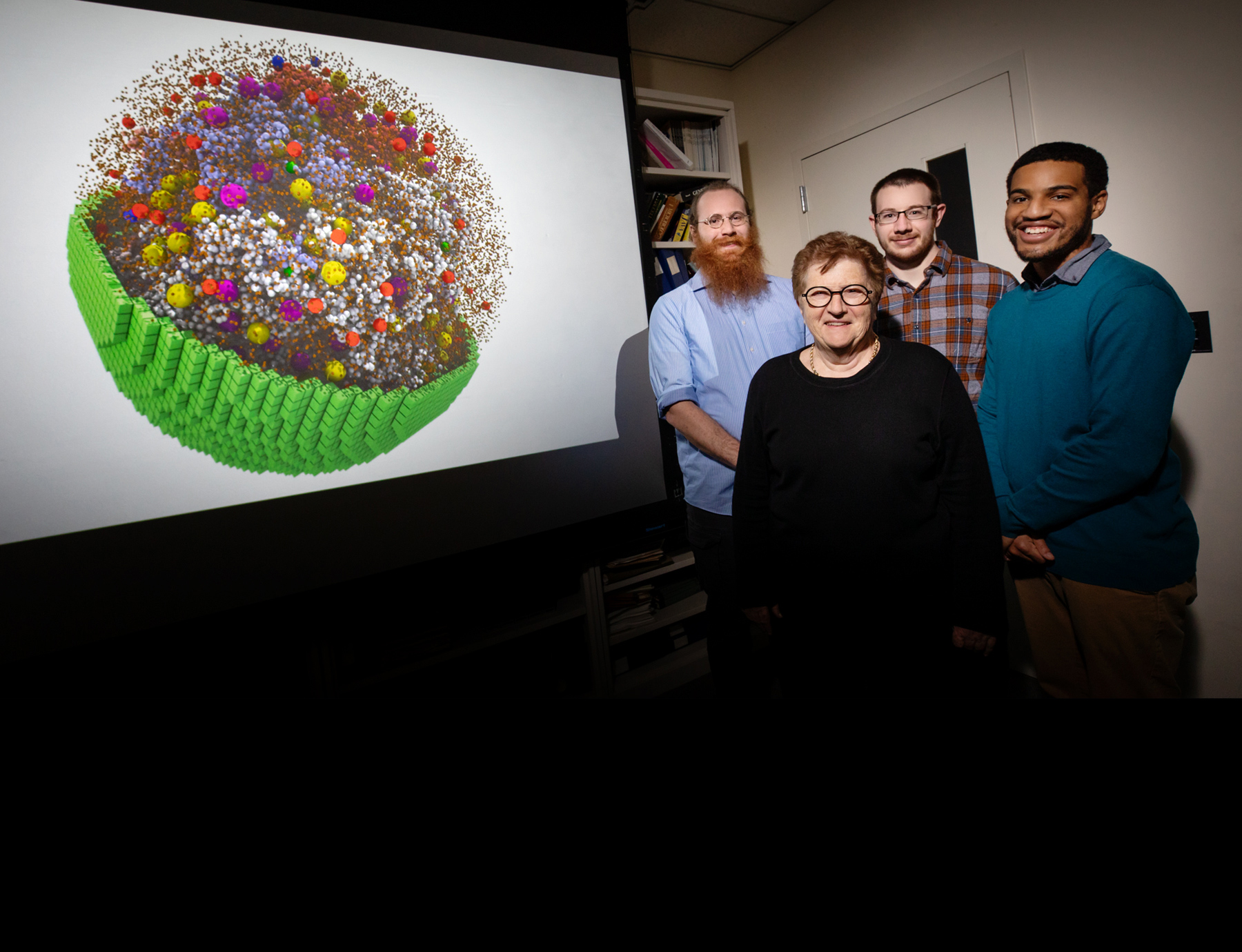 researchers, from left, graduate student Zane Thornburg, chemistry professor Zaida (Zan) Luthey-Schulten and graduate students Benjamin Gilbert and Troy Brier successfully simulated a living 'minimal cell.'