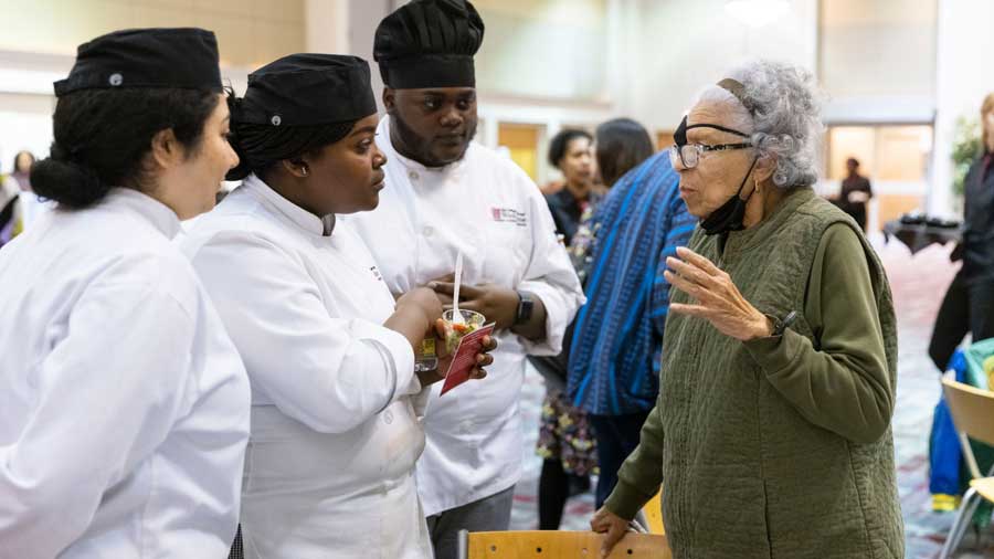 Sandra Rosalie McWorter Marsh speaks with students at the Washburne Culinary and Hospitality Institute in Englewood during a celebration on Feb. 22, 2023. Anthony Vazquez / Chicago Sun-Times