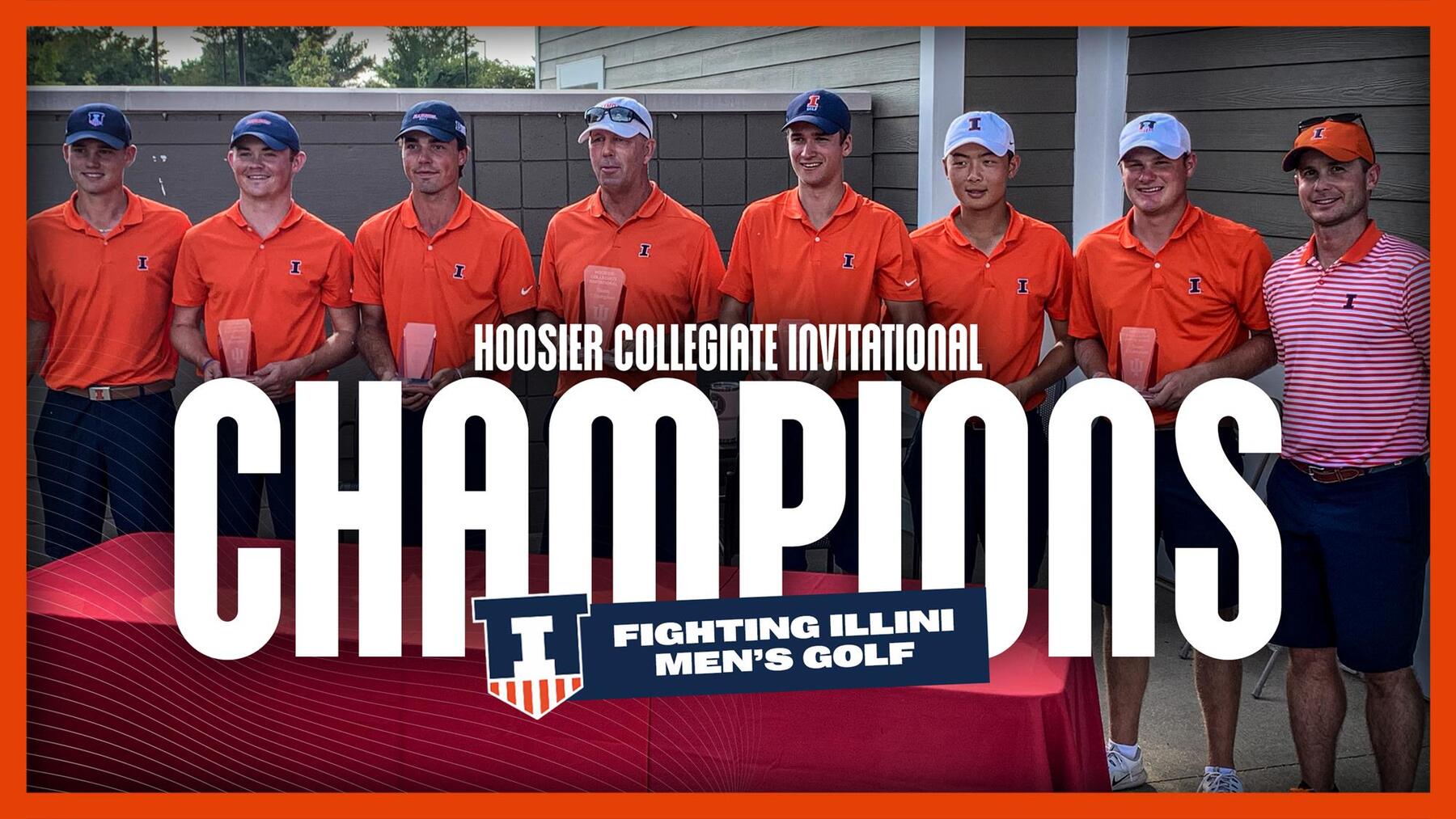 Illini Men's Golf team poses with trophies from the Hoosier Collegiate Invitational tournament