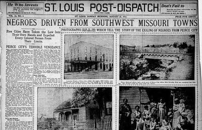1901 St. Louis Post-Dispatch headline and story on the 'exiling of all negroes' from towns in southwest Missouri