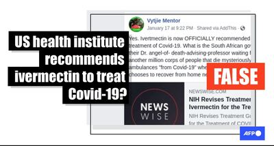 AFP Fact Check headline refuting claims that ivermectin should be used to treat COVID-19