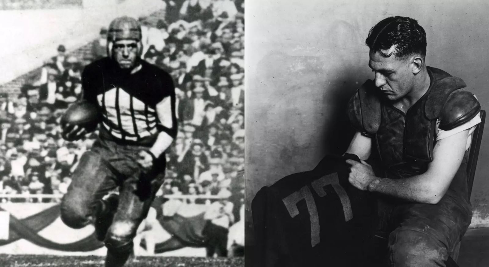 side-by-side images of Grange running with the football and sitting, wearing pads