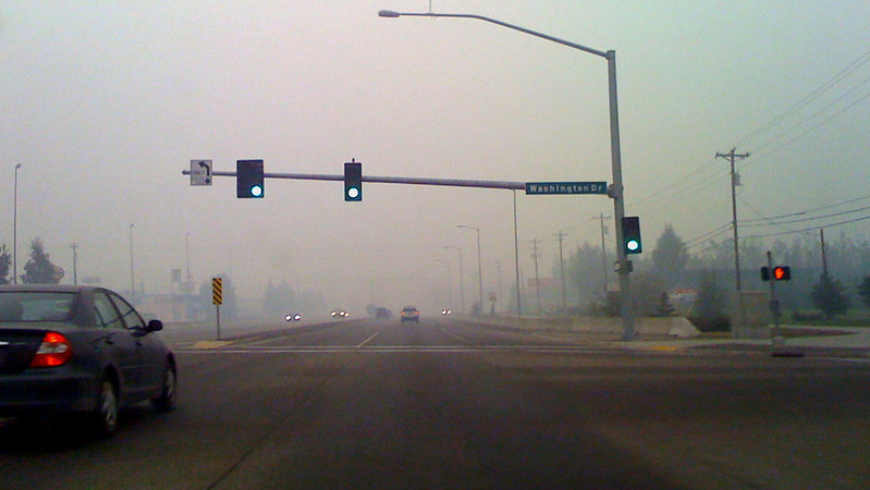 wildfire smoke reduces visibility in Fairbanks, AK. Photo by James Brooks via Flickr