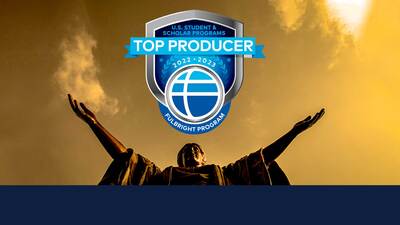 Fulbright top producer logo over an image of the Alma Mater statue