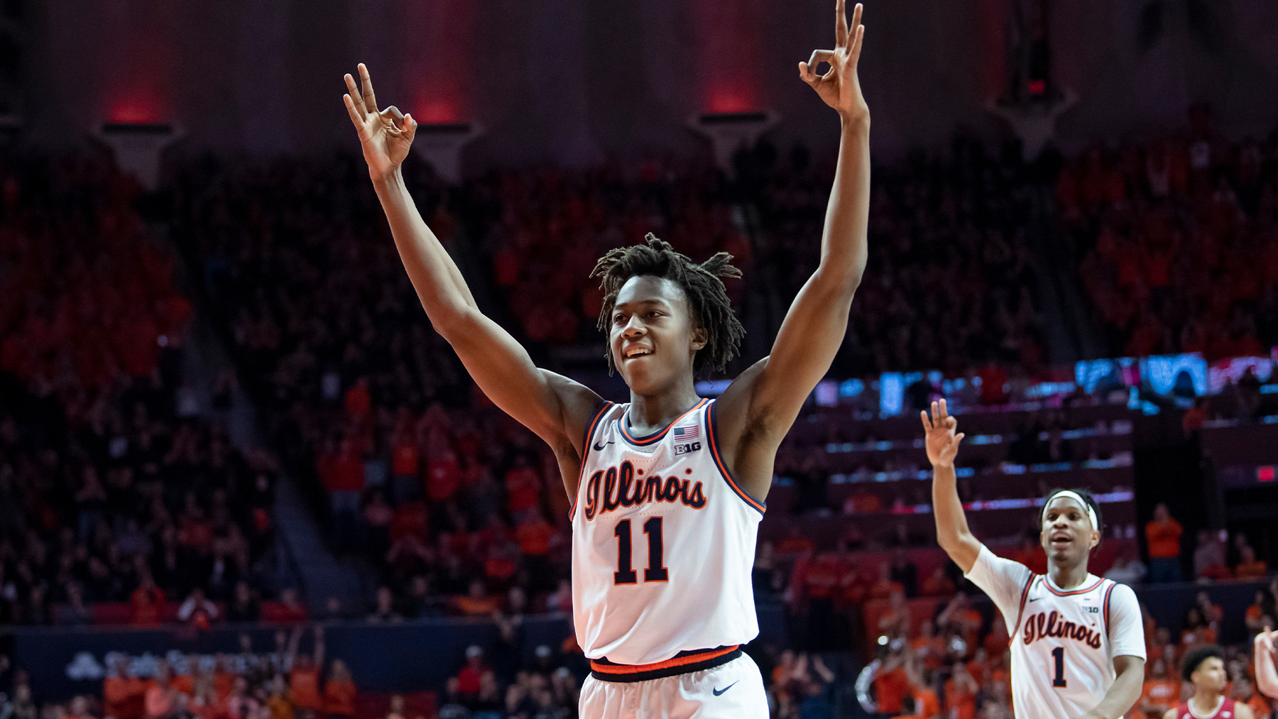 Ayo Dosumnu celebrates a three-point shot during a game against Indiana in March, 2020