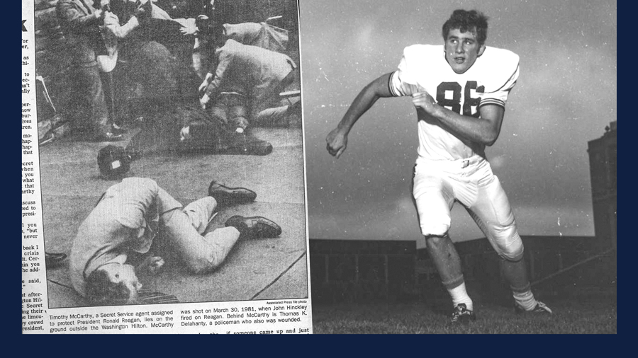 side by side images - Tim McCarthy as an Illini football player, and laying on the ground after being shot by John Hinckley.