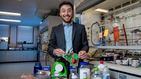 Professor Damien Guironnet leads a new effort to create plastic packaging material that could be recycled or biodegrade.