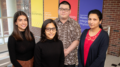 The research team included, from left, undergraduate student Darya Asoudegi; graduate students Neha Chetlangia and Fredy Kurniawan; and Supriya Prasanth, a professor of cell and developmental biology at the U. of I.  Photo by L. Brian Stauffer